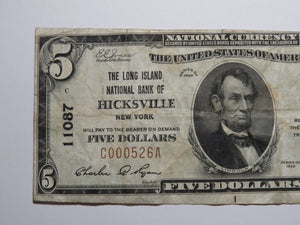 $5 1929 Hicksville New York NY National Currency Bank Note Bill Ch. #11087 RARE