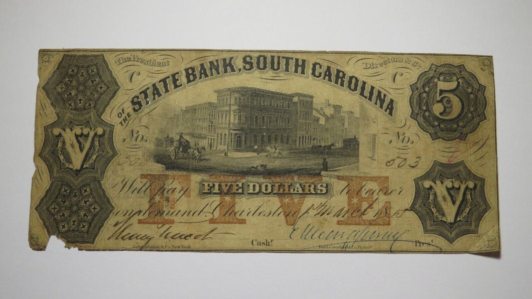 $5 1855 Charleston South Carolina SC Obsolete Currency Bank Note Bill State Bank