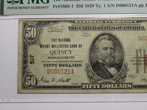 $50 1929 Quincy Massachusetts MA National Currency Bank Note Bill Ch. #517 VF20