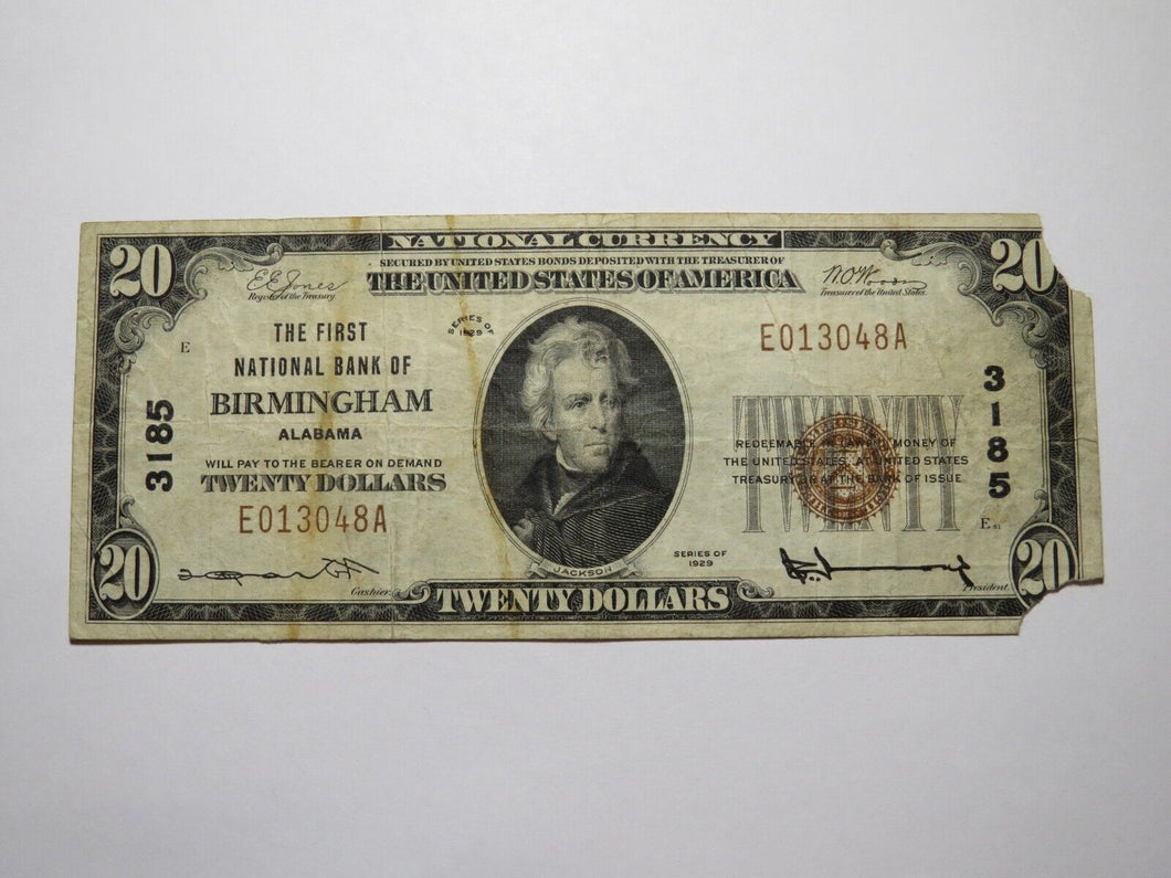 $20 1929 Birmingham Alabama AL National Currency Bank Note Bill Charter #3185