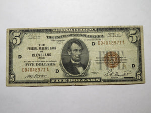 $5 1929 Cleveland Ohio OH National Currency Note Federal Reserve Bank FINE+