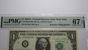 $1 2003 Repeater Serial Number Federal Reserve Currency Bank Note Bill PMG UNC67