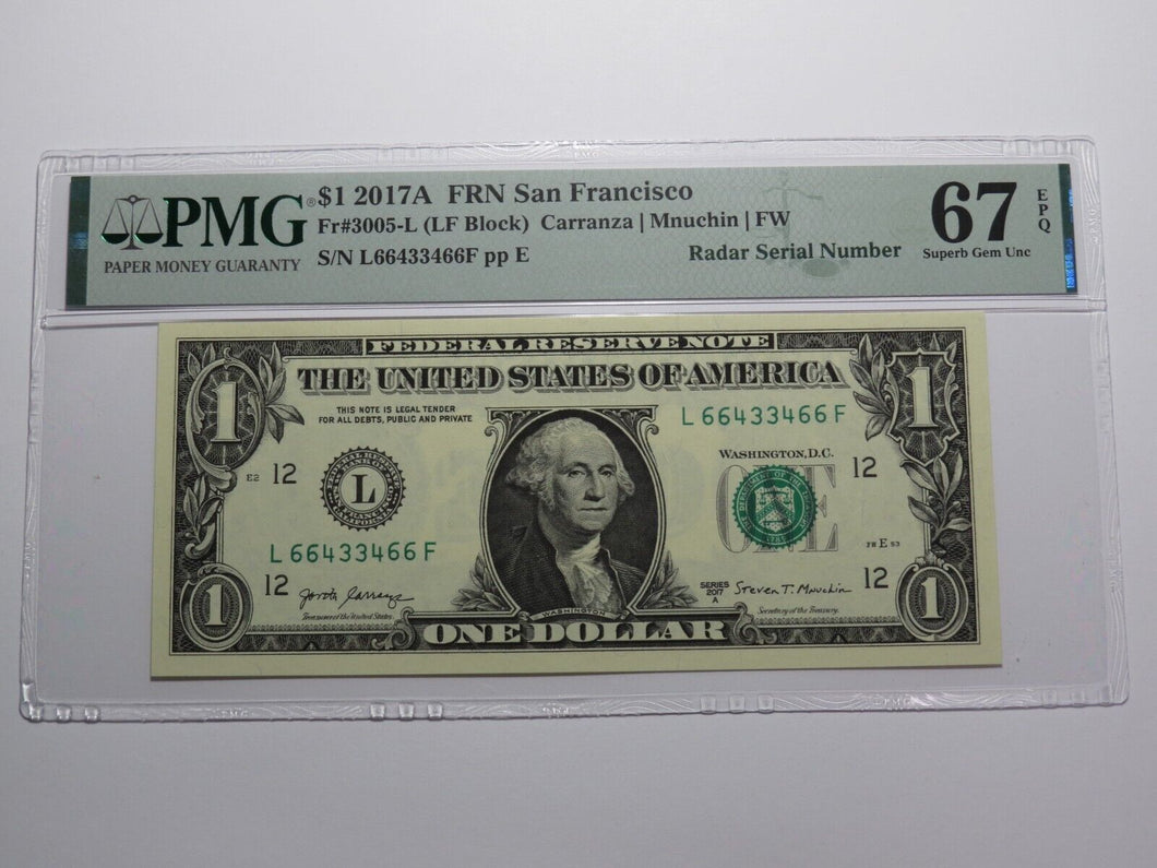 $1 2017 Radar Serial Number Federal Reserve Currency Bank Note Bill PMG UNC67EPQ