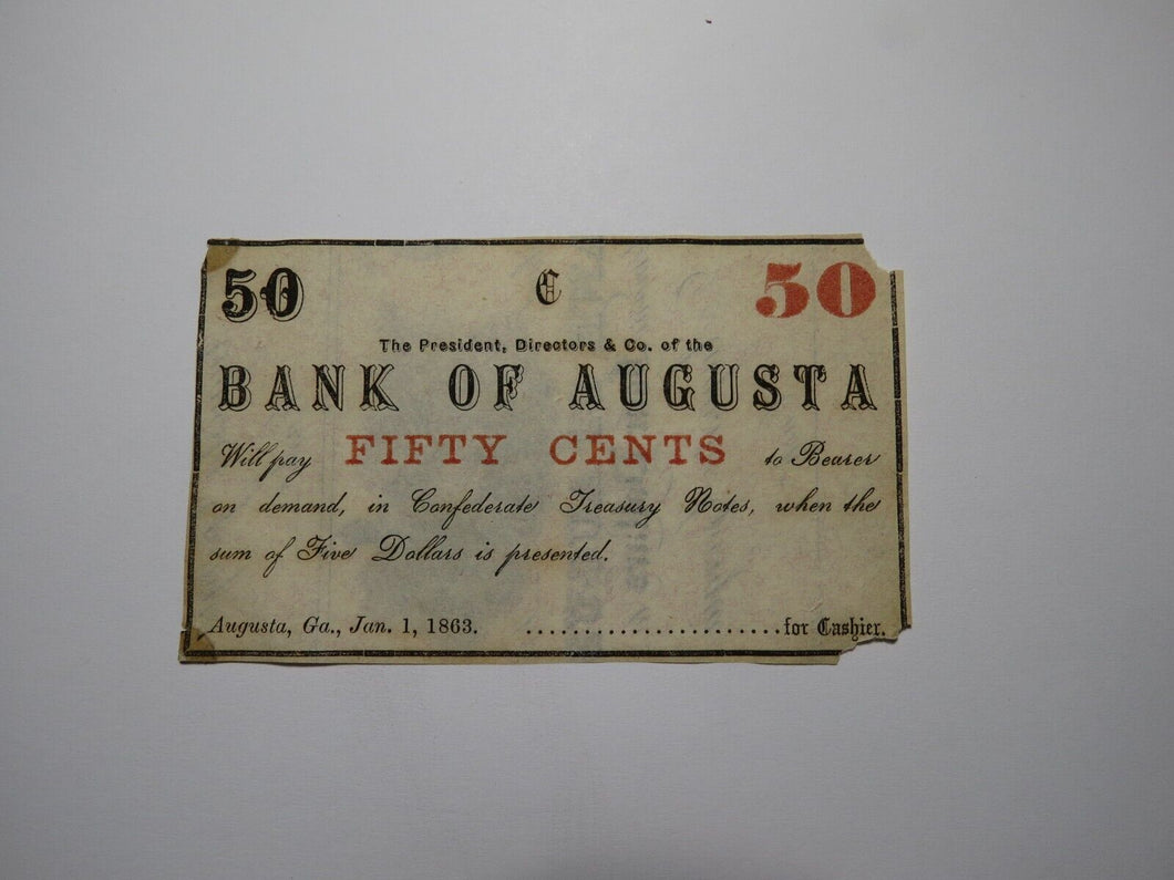 $.50 1863 Augusta Georgia GA Obsolete Currency Bank Note Bill! Augusta Insurance