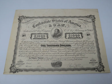 $1,000 1863 Confederate Bond Certificate Currency Bank Note Bill UNC 14
