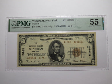 $5 1929 Windham New York NY National Currency Bank Note Bill Ch. #13962 AU55 PMG