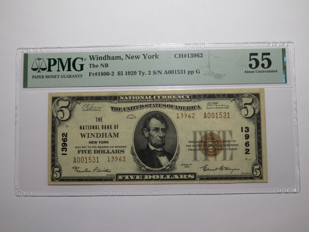 $5 1929 Windham New York NY National Currency Bank Note Bill Ch. #13962 AU55 PMG