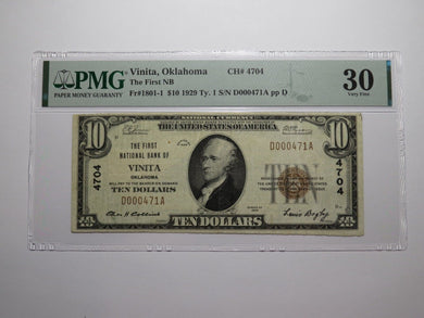 $10 1929 Vinita Oklahoma OK National Currency Bank Note Bill Ch. #4704 VF30 PMG