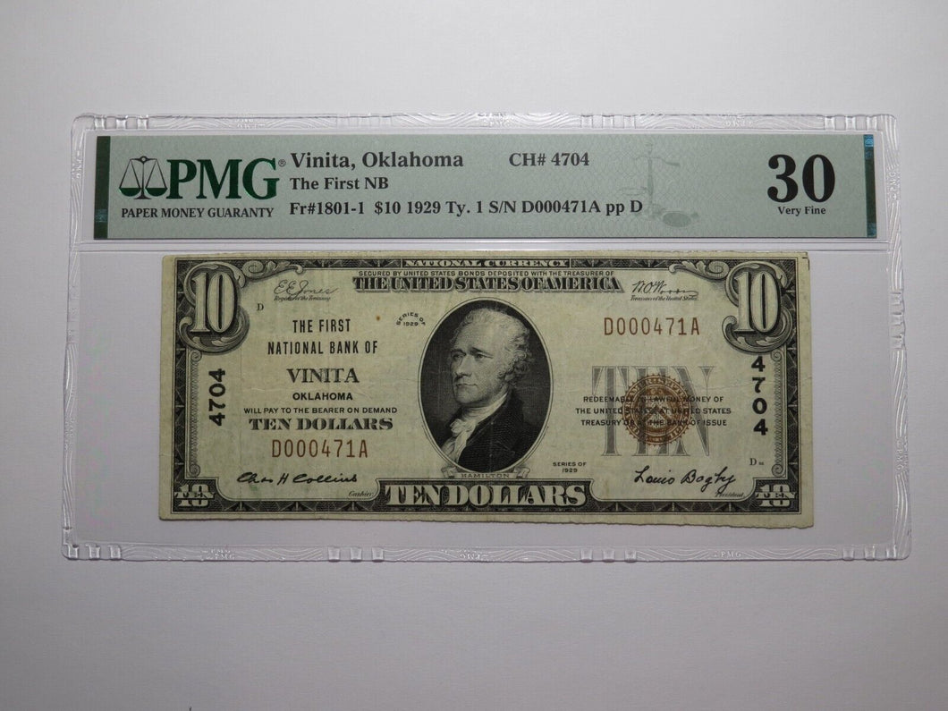 $10 1929 Vinita Oklahoma OK National Currency Bank Note Bill Ch. #4704 VF30 PMG