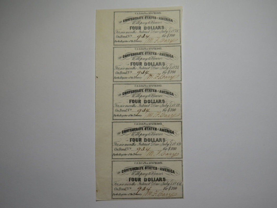 $4 1861 Confederate Bond Coupon Certificate Uncut Sheet Currency Bank Note Bill