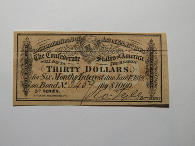 $30 1864 Confederate Bond Coupon Certificate Currency Bank Note Bill UNC