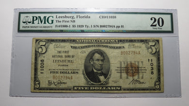 $5 1929 Leesburg Florida FL National Currency Bank Note Bill Ch. #11038 VF20 PMG