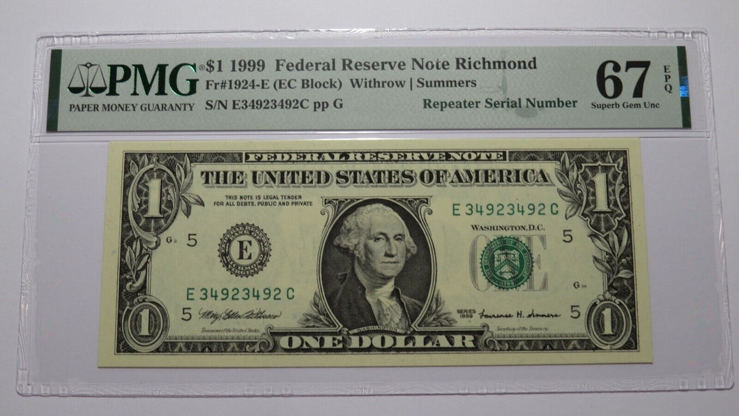 $1 1999 Repeater Serial Number Federal Reserve Currency Bank Note Bill PMG UNC67