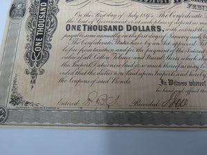 $1,000 1864 Confederate Bond Certificate Currency Bank Note UNC 15" X 9" USA