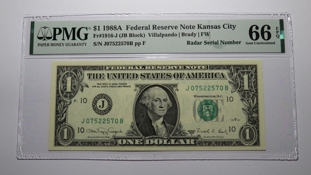 $1 1988 Radar Serial Number Federal Reserve Currency Bank Note Bill PMG UNC66EPQ