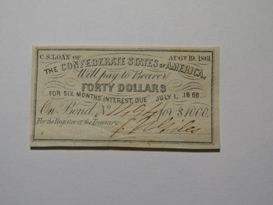 $40 1861 Confederate Bond Coupon Certificate Currency Bank Note Bill UNC