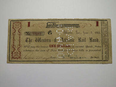 $1 1862 Atlanta Georgia Obsolete Currency Bank Note Bill Western Atlantic RR