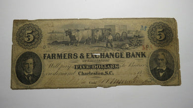 $5 1855 Charleston South Carolina SC Obsolete Currency Bank Note Bill! Farmers
