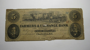 $5 1855 Charleston South Carolina SC Obsolete Currency Bank Note Bill! Farmers