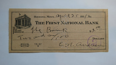$2 1931 Hibbing Minnesota MN Cancelled Check! First National Bank 
