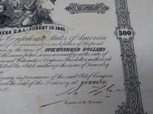 $500 1862 Confederate Bond Certificate Currency Bank Note Bill UNC 14" X 10.5"