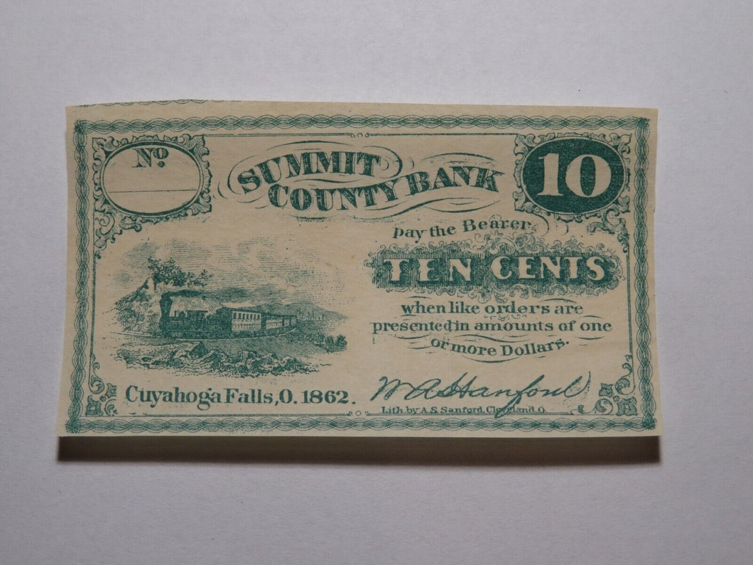 $.10 1862 Cuyahoga Falls Ohio OH Obsolete Currency Bank Note Bill Summit County