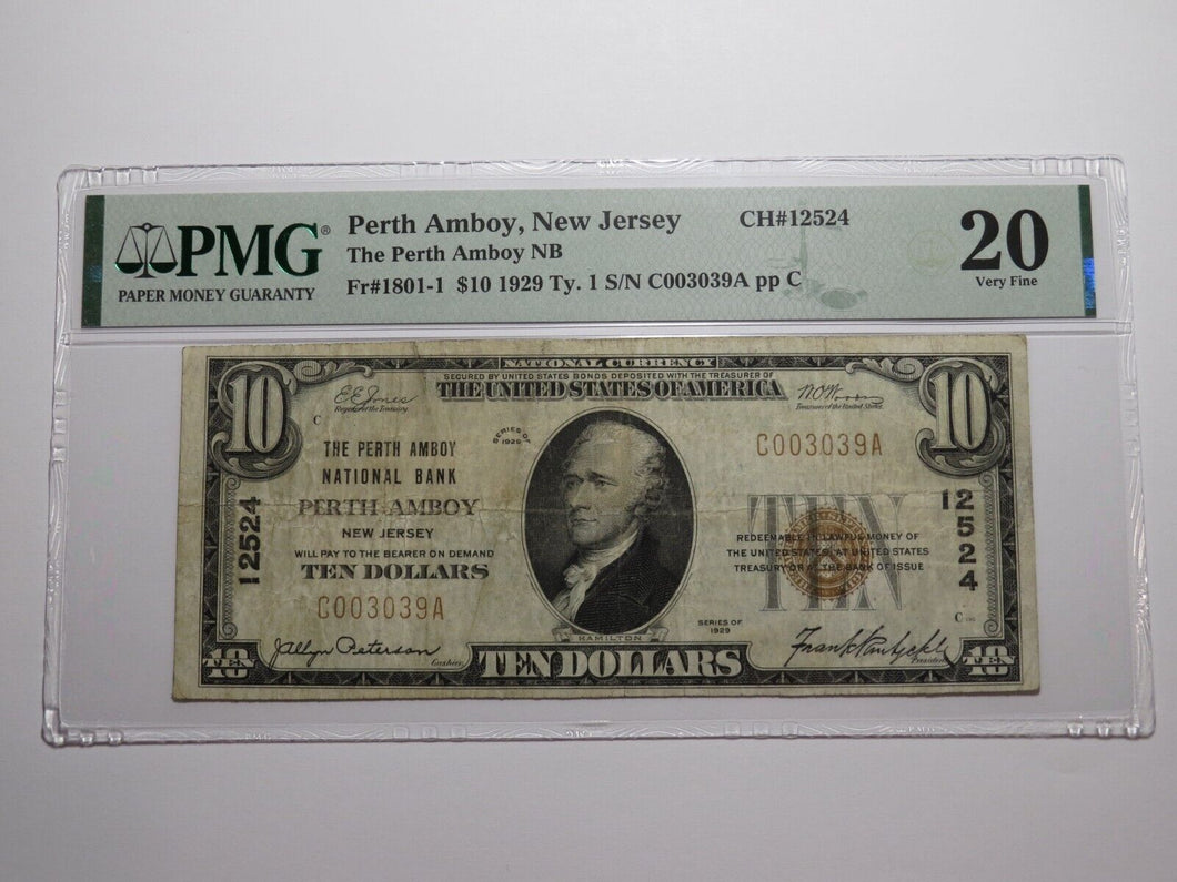 $10 1929 Perth Amboy New Jersey NJ National Currency Bank Note Bill #12524 VF20