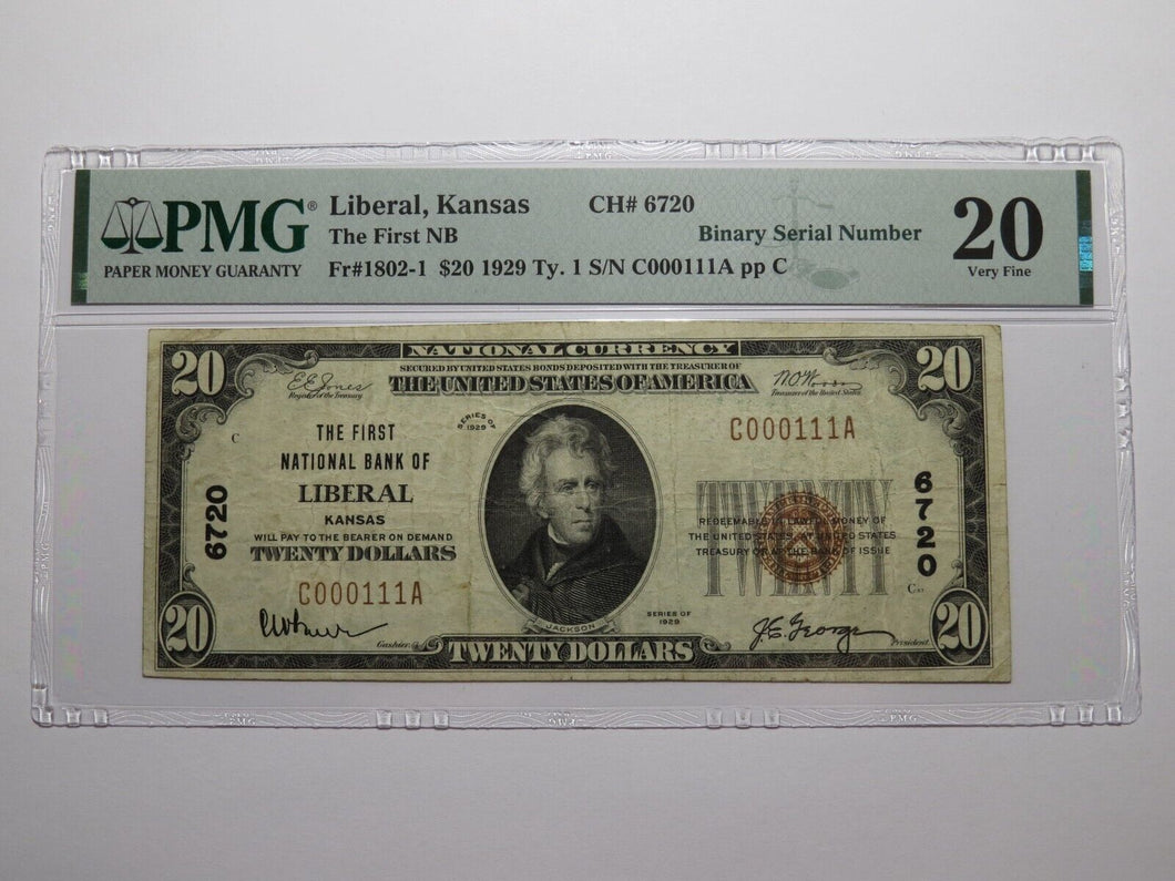 $20 1929 Liberal Kansas KS National Currency Bank Note Bill #6720 Binary Serial