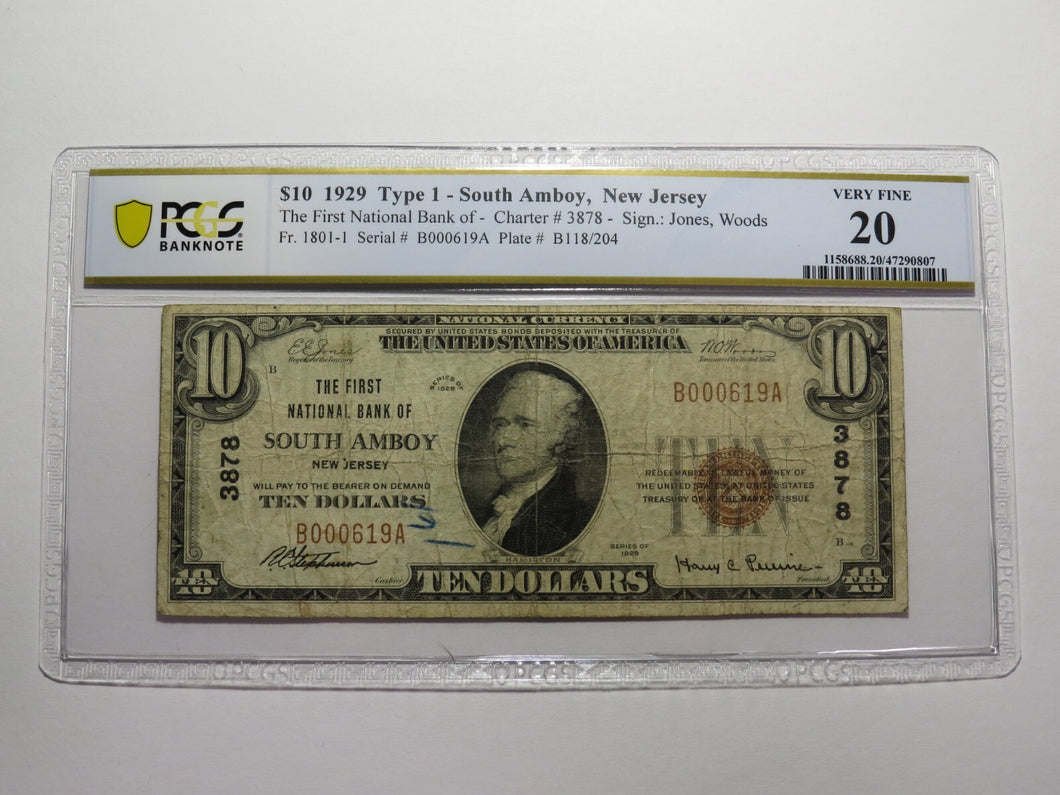 $10 1929 South Amboy New Jersey National Currency Bank Note Bill #3878 VF20 PCGS