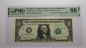$1 2017 Repeater Serial Number Federal Reserve Currency Bank Note Bill PMG UNC66
