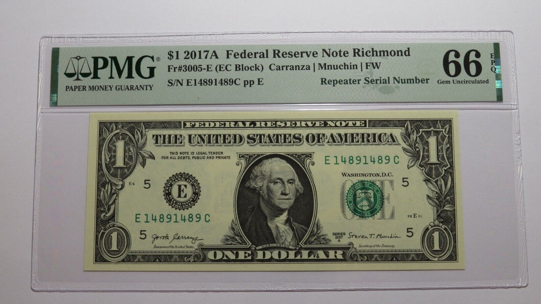 $1 2017 Repeater Serial Number Federal Reserve Currency Bank Note Bill PMG UNC66