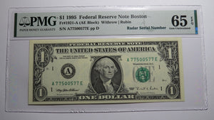 $1 1995 Radar Serial Number Federal Reserve Currency Bank Note Bill PMG UNC65EPQ