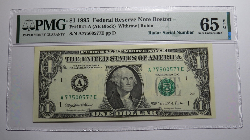 $1 1995 Radar Serial Number Federal Reserve Currency Bank Note Bill PMG UNC65EPQ
