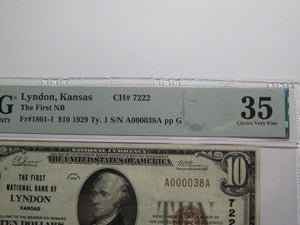 $10 1929 Lyndon Kansas National Currency Bank Note Bill Charter #7222 VF35 PMG