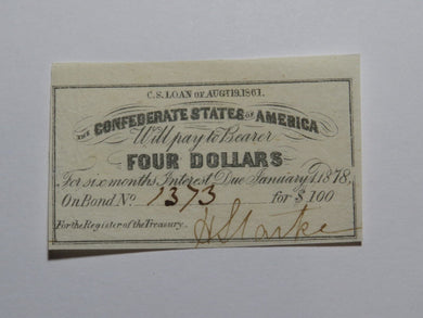 $4 1861 Confederate Bond Coupon Certificate Currency Bank Note Bill UNC