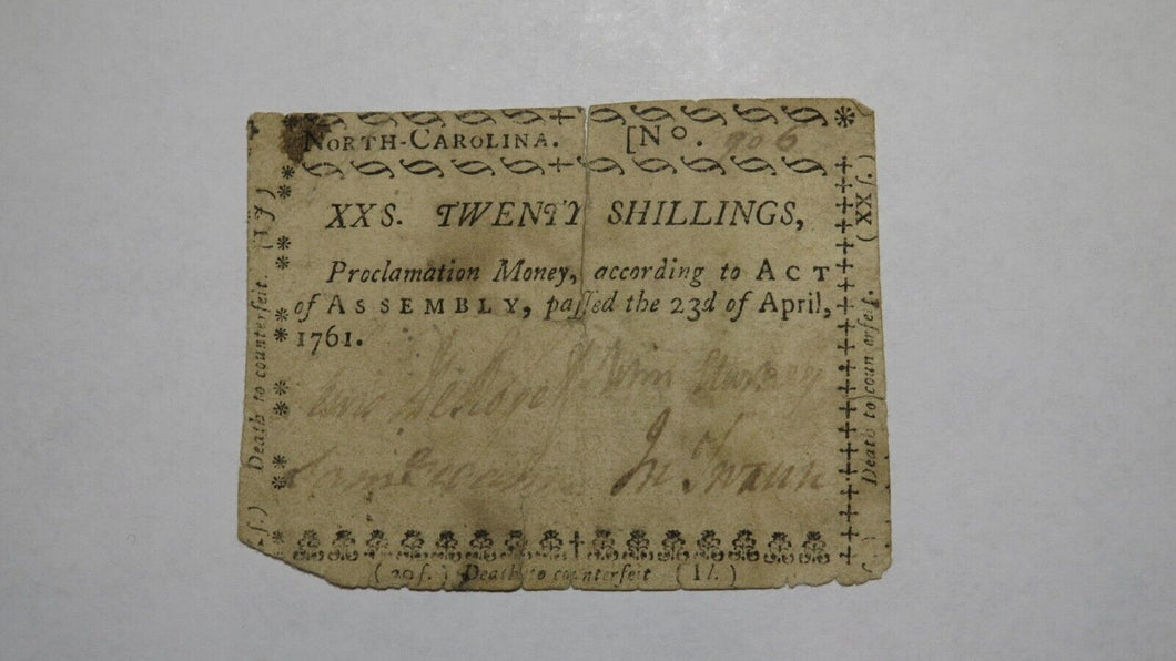 1761 Twenty Shillings North Carolina NC Colonial Currency Note Bill RARE 20s