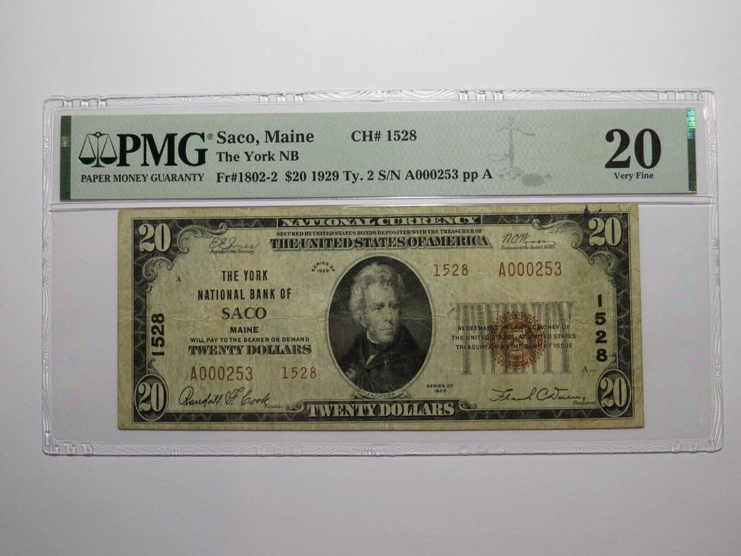 $20 1929 Saco Maine ME National Currency Bank Note Bill Charter #1528 VF20
