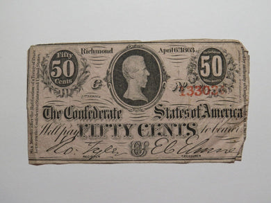 $.50 1863 Richmond Virginia VA Confederate Currency Bank Note Bill RARE T63