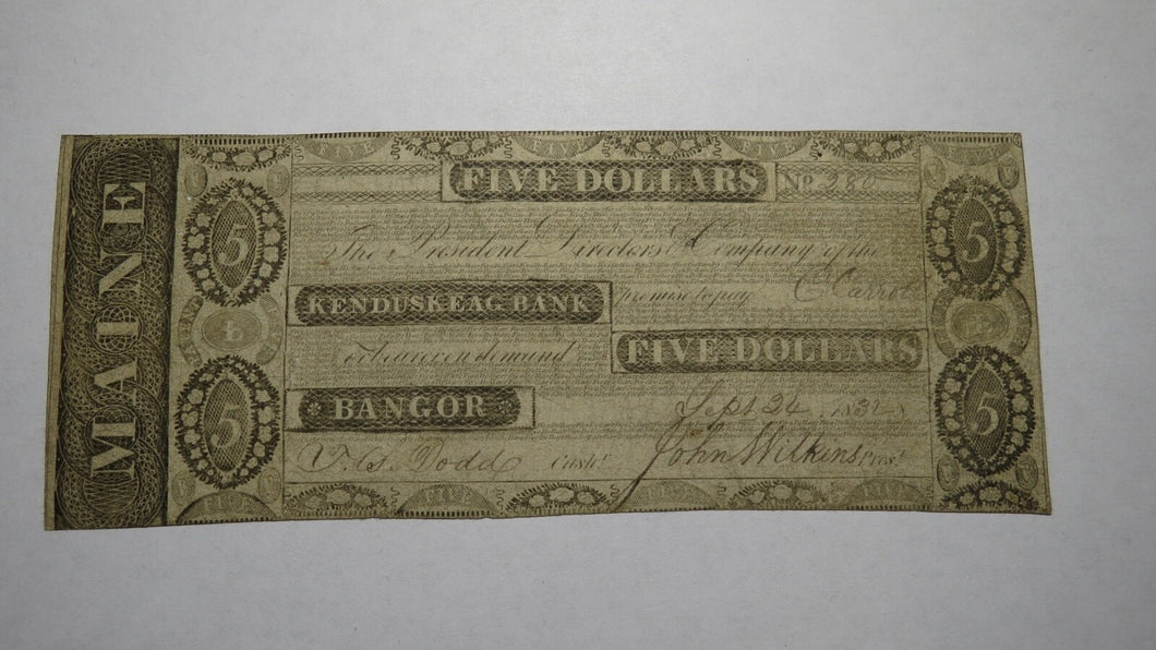 $5 1832 Bangor Maine ME Obsolete Currency Bank Note Bill! Kenduskeag Bank! RARE