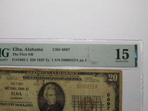 $20 1929 Elba Alabama AL National Currency Bank Note Bill Charter #6897 F15 PMG