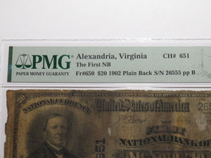 $20 1902 Alexandria Virginia National Currency Bank Note Bill Charter #651 PMG
