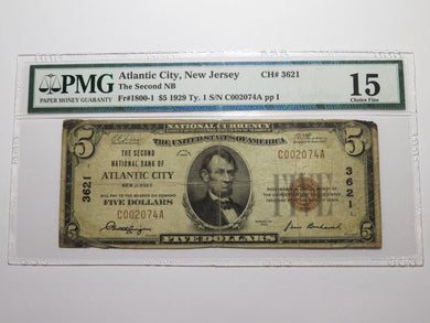 $5 1929 Atlantic City New Jersey NJ National Currency Bank Note Bill #3621 RARE