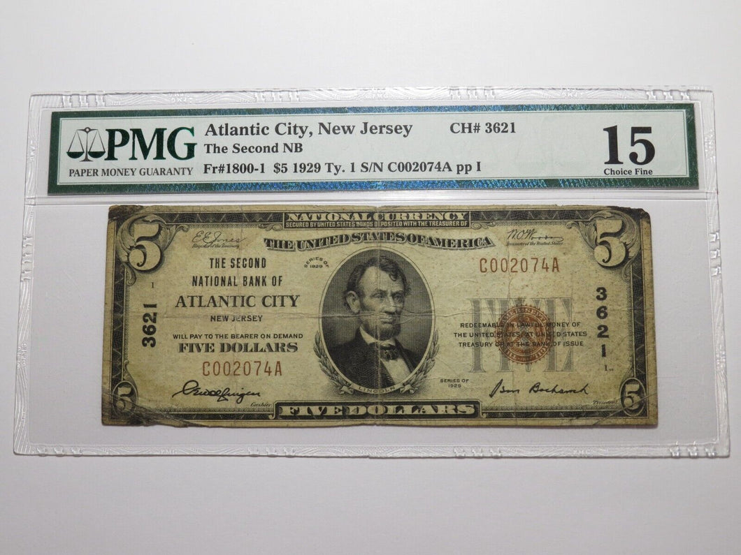 $5 1929 Atlantic City New Jersey NJ National Currency Bank Note Bill #3621 RARE