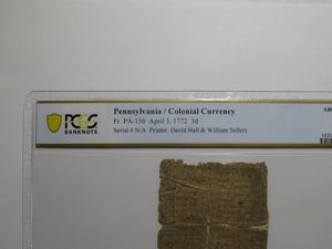 1772 Three Pence Pennsylvania PA Colonial Currency Bank Note Bill RARE PCGS AG3
