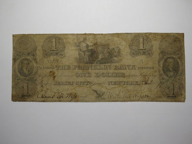 $1 1827 Jersey City New Jersey Obsolete Currency Note Bill The Franklin Bank