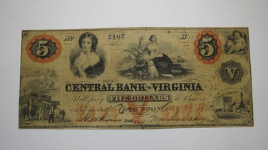 $5 1860 Staunton Virginia VA Obsolete Currency Bank Note Bill Central Bank of VA