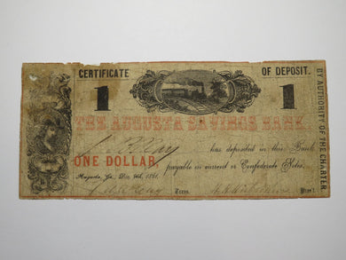 $1 1861 Augusta Georgia GA Obsolete Currency Bank Note Bill Augusta Savings Bank
