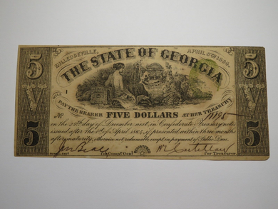 $5 1864 Milledgeville Georgia Obsolete Currency Bank Note Bill! State of GA XF