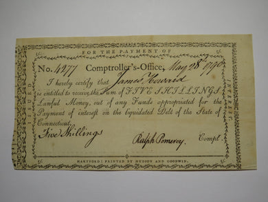 1790 5 Shillings Connecticut Comptroller's Office Colonial Currency Note Pomeroy