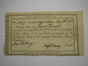 1790 5 Shillings Connecticut Comptroller's Office Colonial Currency Note Pomeroy